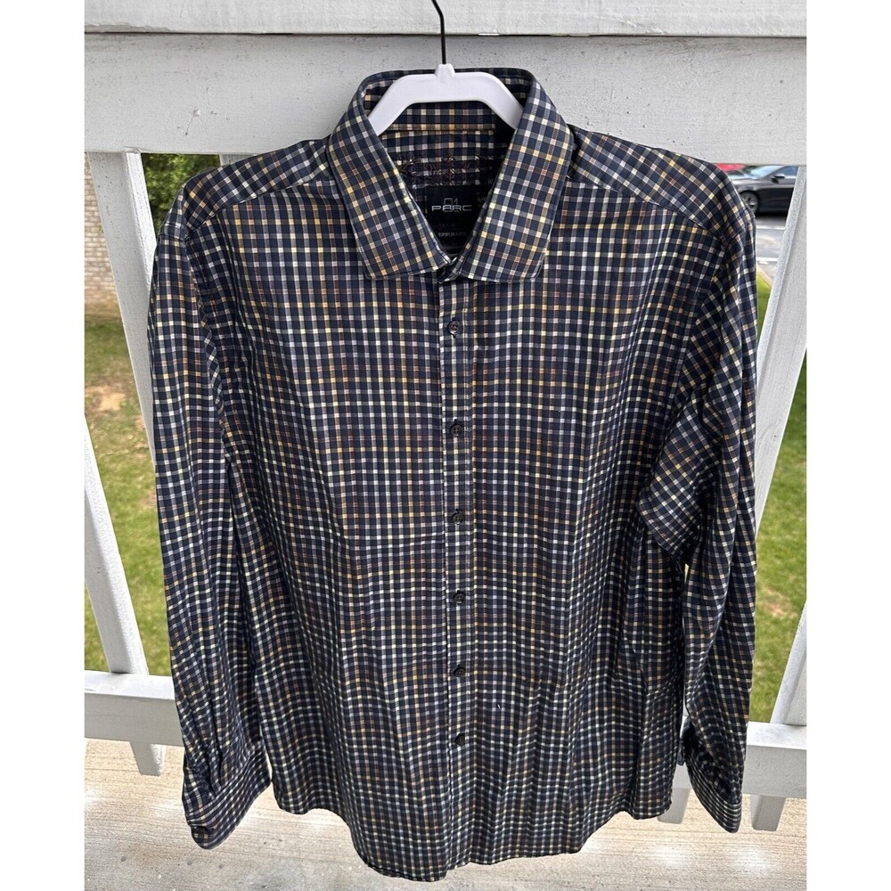 PARC 81 Men’s Navy Blue/yellow/brown Checkered Dress Shirt Size XL